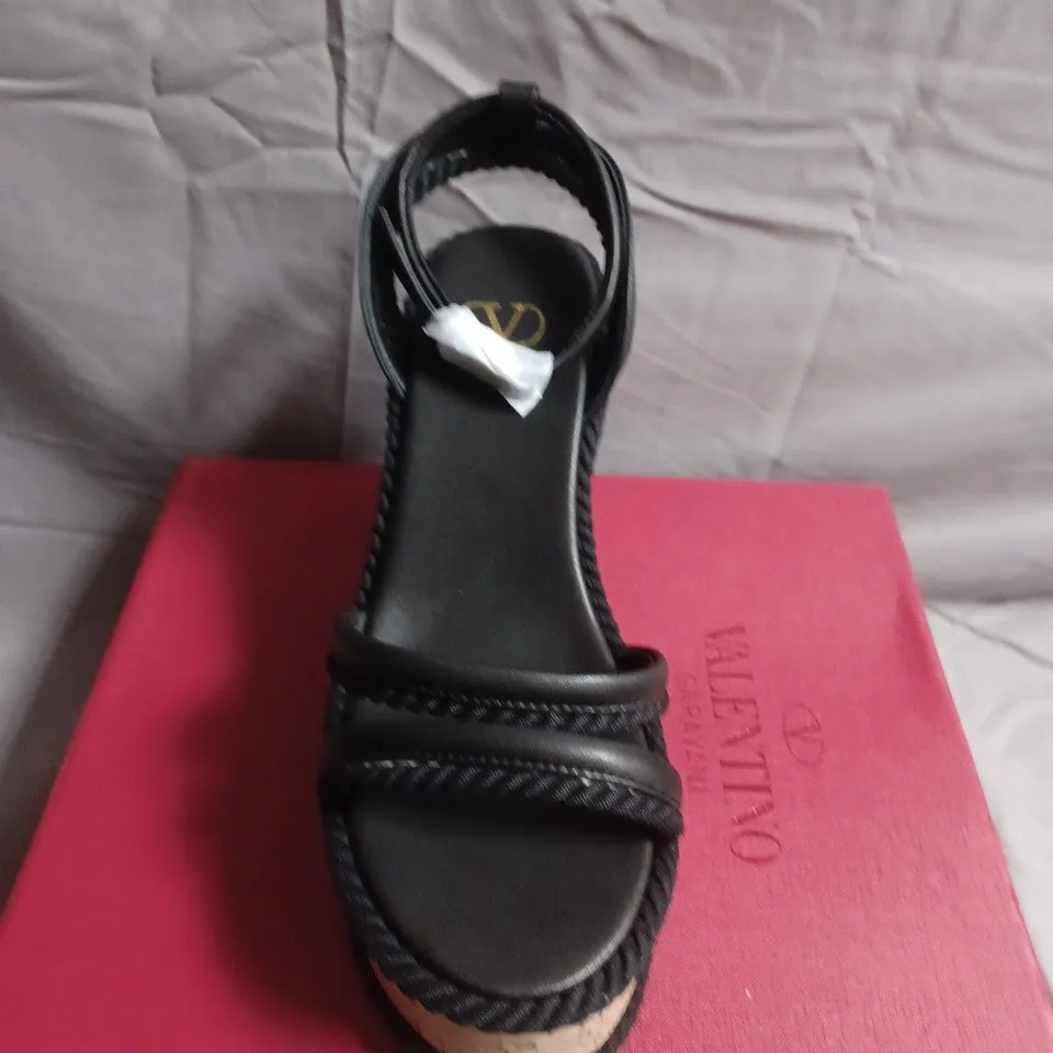 BOXED PAIR OF VALENTINO WOMEN'S BLACK LEATHER CORK-PLATFORM SANDALS, EU 40 
