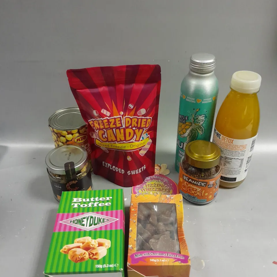 APPROXIMATELY 10 ASSORTED FOOD & DRINK PRODUCTS TO INCLUDE HONEY DUKES BUTTER TOFFEE, BEANIES COFFEE, VIT.HIT DRINK ETC 