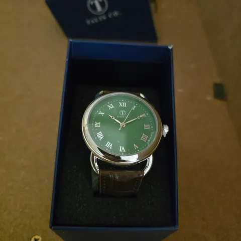 TALIS CO GREEN DIAL WATCH WITH BROWN LEATHER STRAP β BOXED