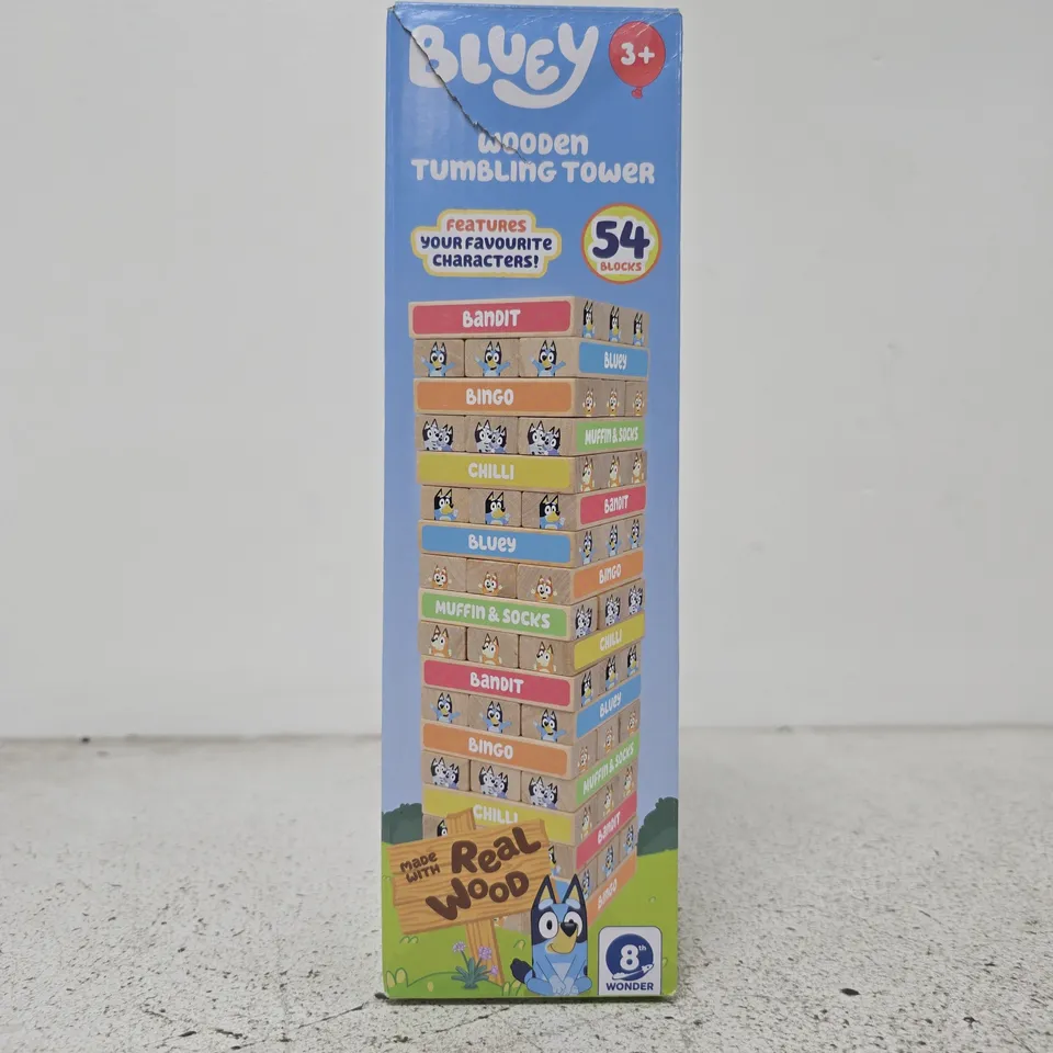 BLUEY WOODEN TUMBLING TOWER – 54 BLOCKS, AGE 3+, BOX
