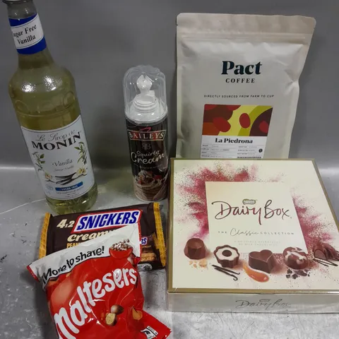 APPROXIMATELY 10 ASSORTED FOOD/DRINK PRODUCTS TO INCLUDE DAIRY BOX, SQUIRTY CREAM, PACT COFFEE ETC - COLLECTION ONLY  