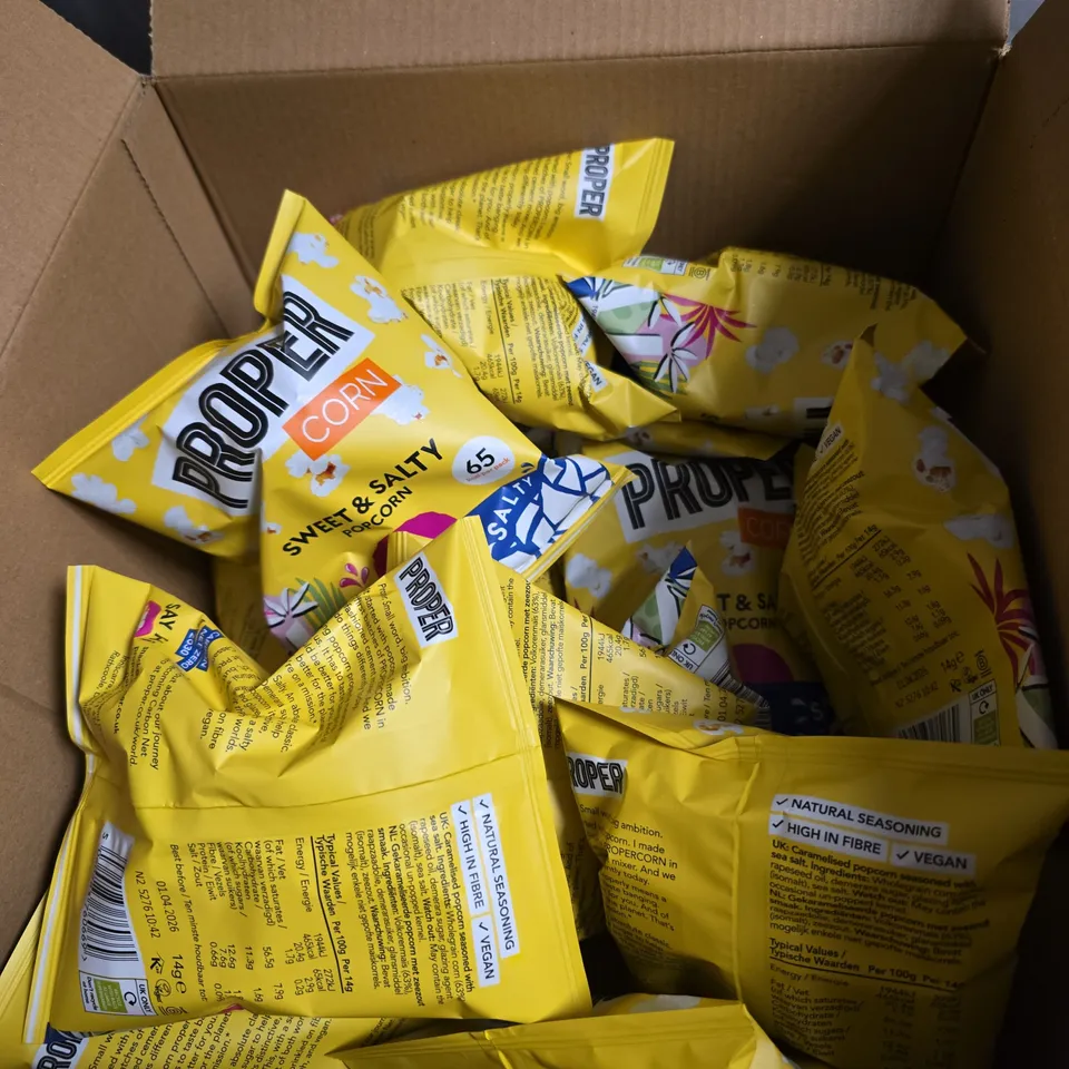 BOX OF APPROXIMATELY 30 X PROPERCORN SWEET & SALTY POPCORN BAGS 