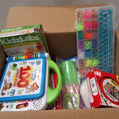 BOX CONTAINING ASSORTED PRODUCTS INCLUDING LOOM BANDS, KITCHEN SCIENCE VOLCANO, WICKED CUP, SUPERMARIO MATCH SET & DOCTOR TAPE