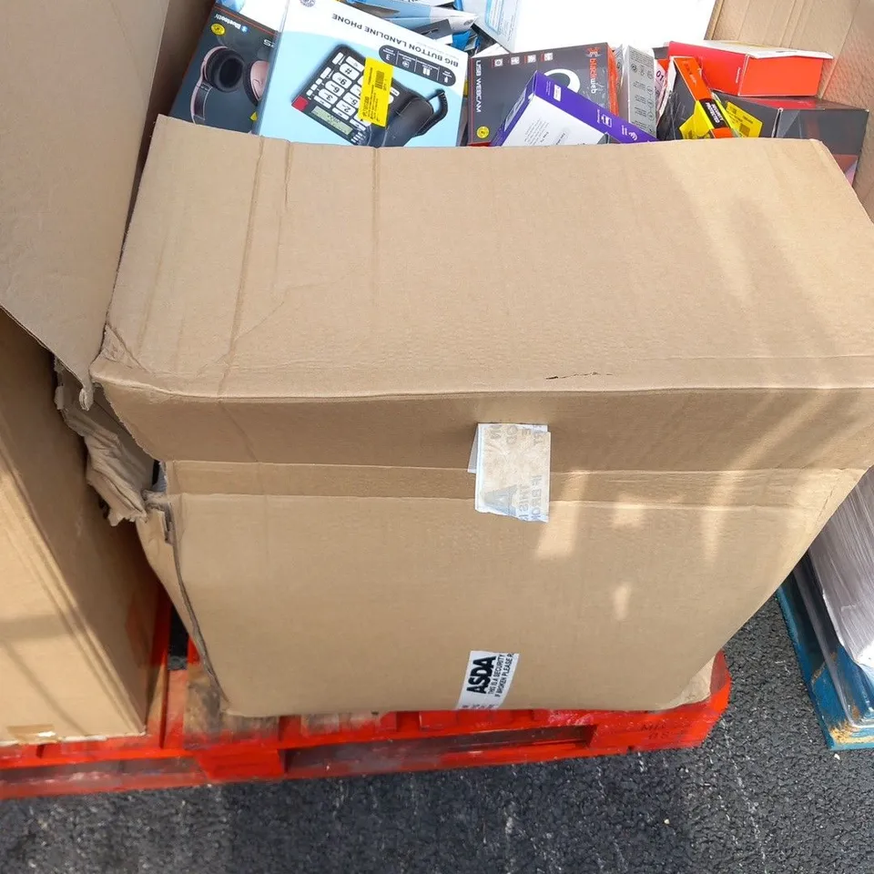 LARGE BOX OF ASSORTED ELECTRICAL PRODUCTS TO INCLUDE; BIG BUTTON LANDLINE PHONE, BLACK WE POWER BANK, ROKU EXPRESS, BLUETOOTH QI CHARGING ALARM CLOCK AND BLACKWEB USB WEBCAM