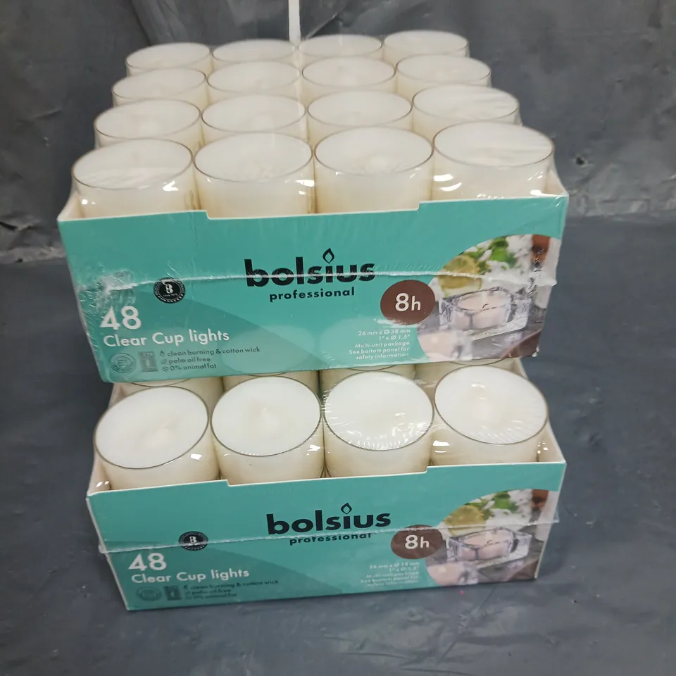 LOT OF 2 48-PACKS OF BOLSIUS CLEAR CUP LIGHTS