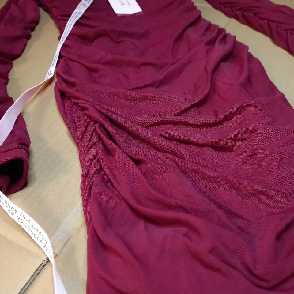 OH POLLY BURGUNDY RUCHED SQUARED NECK MIDI DRESS - SIZE 6