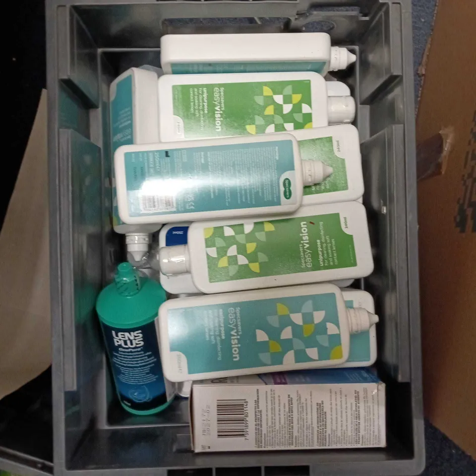 BOX OF APPROXIMATELY 30 ASSORTED CONTACT LENS CLEANERS