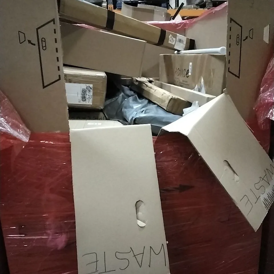 PALLET OF HOUSEHOLD ITEMS TO INCLUDE BABY CHANGING STATION,100 CM WHITE COMPUTER DESK SHELF, RECYCLED TOILET PAPER, CEILING FAN WITH LIGHT AND OTHER ASSORTED ITEMS...