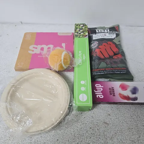 APPROXIMATELY 12 ASSORTED HOUSEHOLD ITEMS TO INCLUDE COATED FEED PELLETS, CLING FILM, AIR UP WILD BERRY PODS, ETC