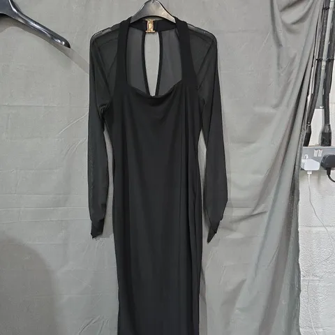 CLUB L LONDON OFF TRACK BLACK BODYCON MIDI DRESS WITH SHEER SLEEVES β UK 14