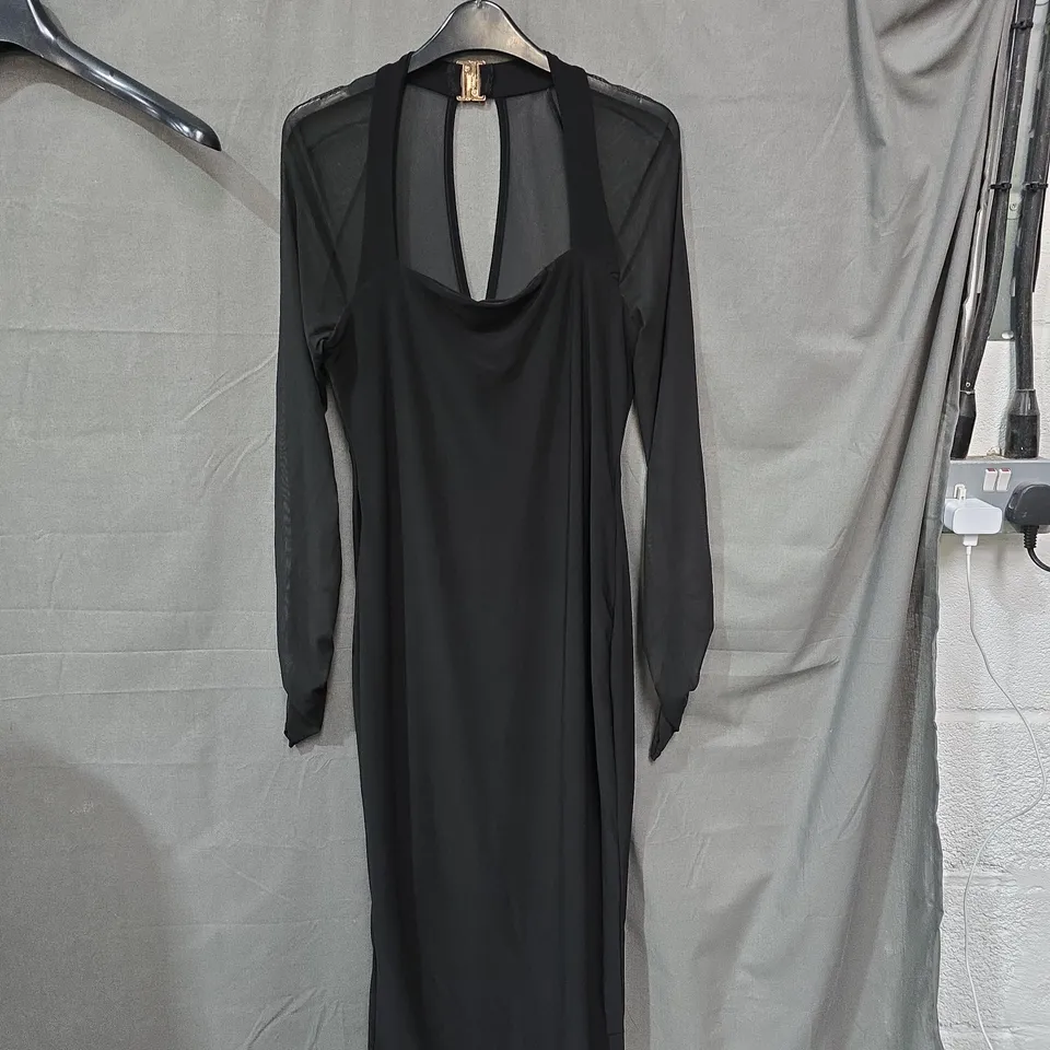 CLUB L LONDON OFF TRACK BLACK BODYCON MIDI DRESS WITH SHEER SLEEVES – UK 14