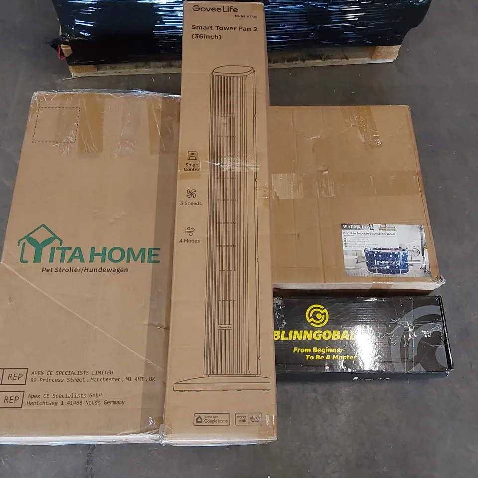 PALLET OF ASSORTED ITEMS INCLUDING PET STROLLER, SMART TOWER FAN, BLINNGOBALL SET, PORTABLE FOLDABLE BATHTUB 