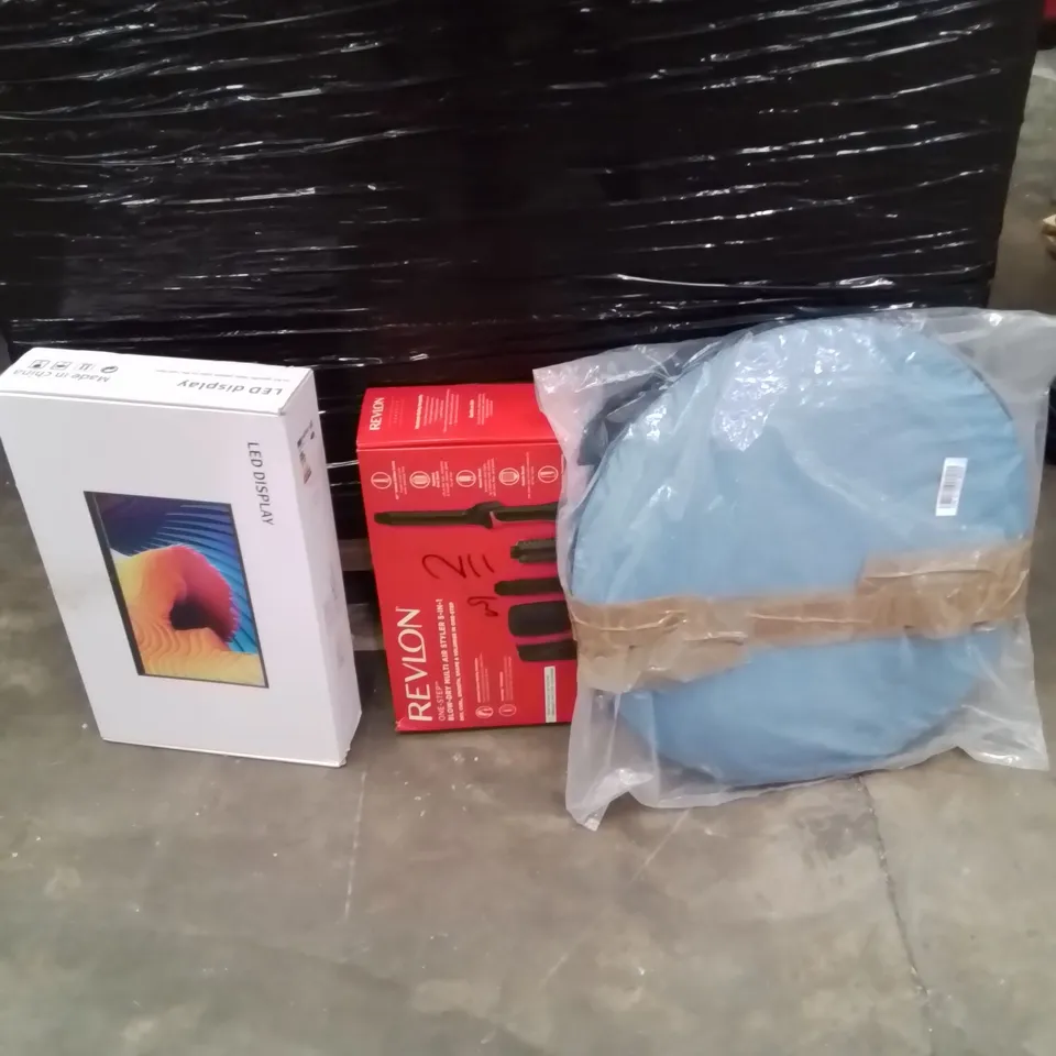 PALLET OF ASSORTED HOUSEHOLD GOODS AND PRODUCTS TO INCLUDE;POPUP TENT,HAIR CURLERS,LED MONITOR 