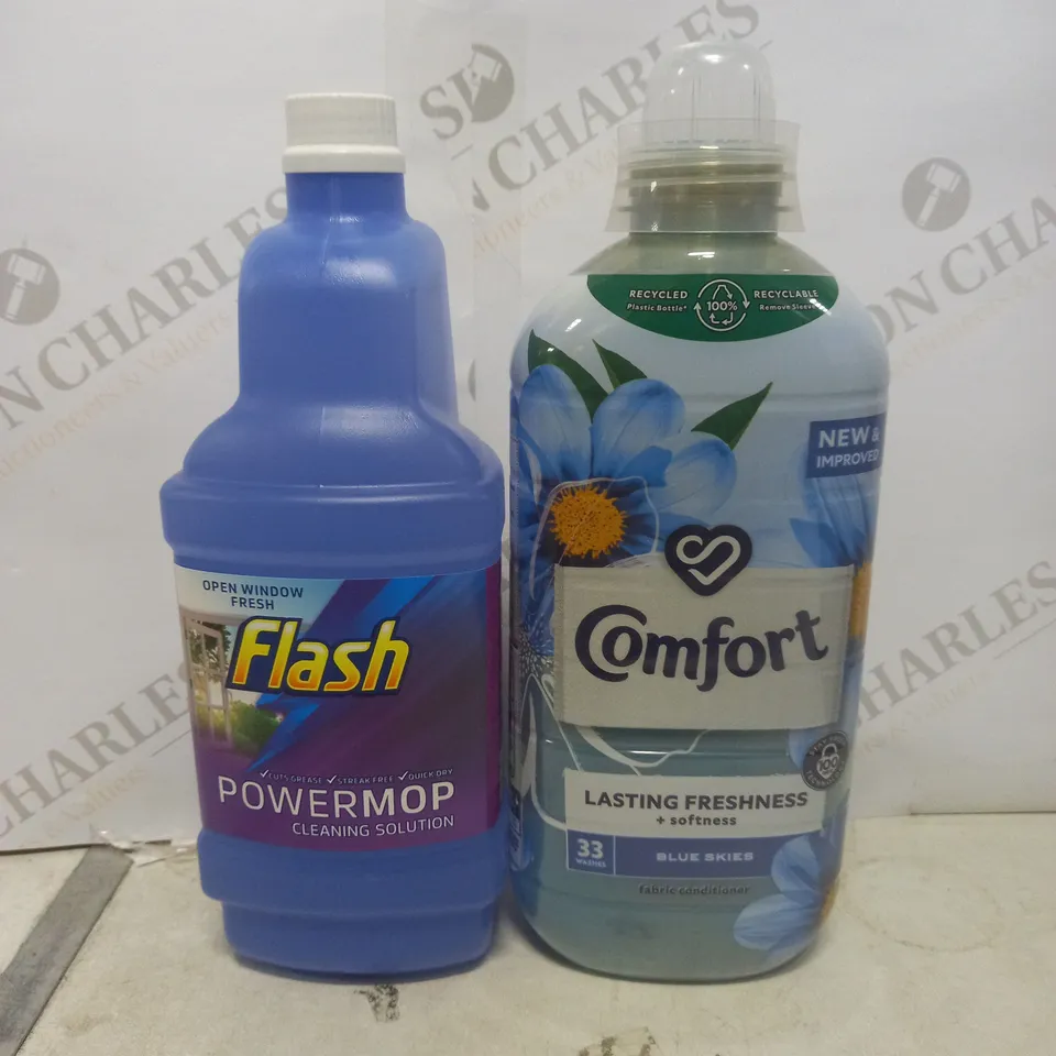 BOX OF APPROX 9 ASSORTED LIQUIDS TO INCLUDE -FLASH POWERMOP - COMFORT LASTING FRESHNESS BLUE SKIES 