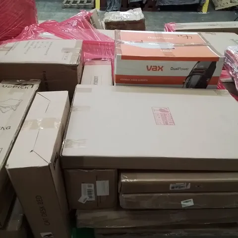 PALLET CONTAINING VARIOUS ASSORTED BOXED HOUSEHOLD ITEMS TO INCLUDE: AIR COOLER, CAT DESK BED, CAMPING CHAIR, VAX VACUUM AND LOTS MORE UNMARKED BOXED ITEMS 