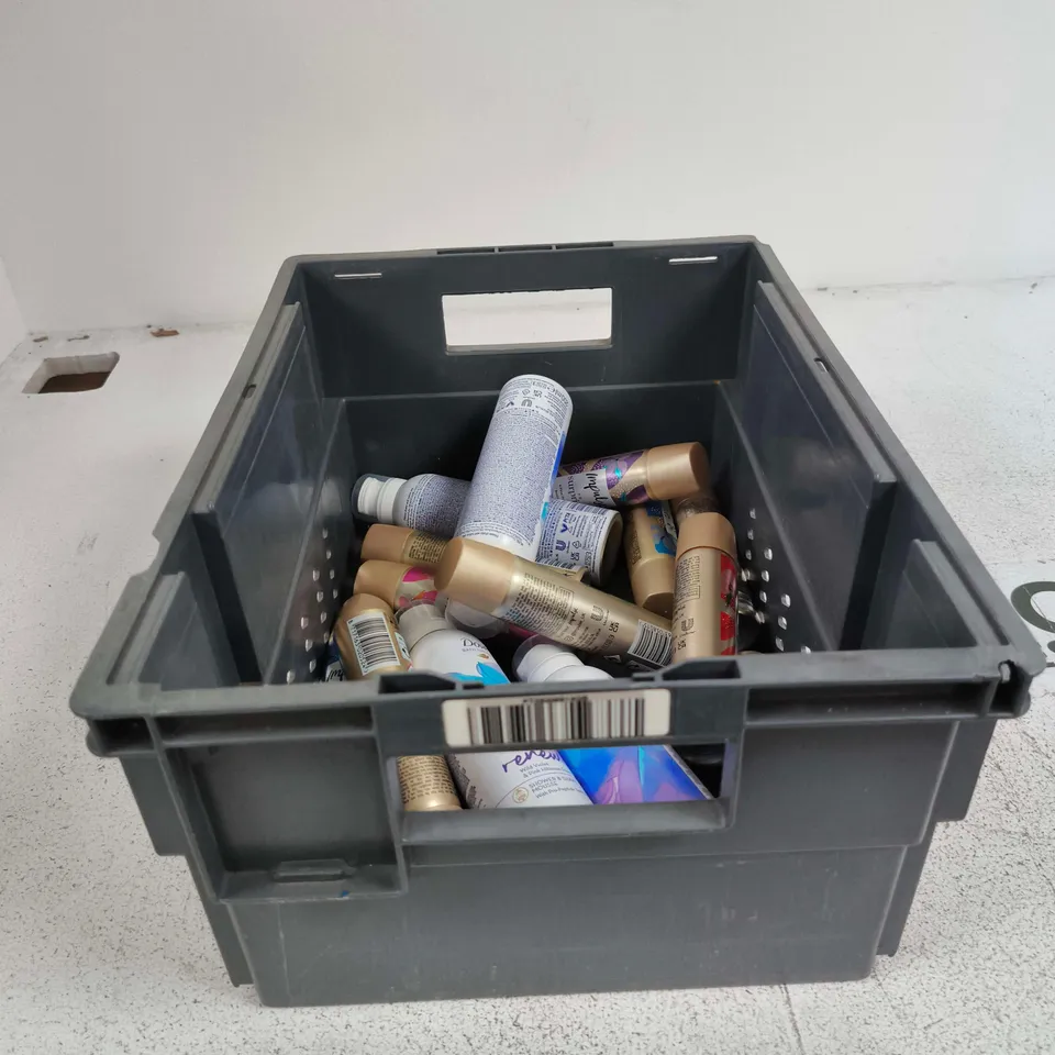 tote of approximately 15 assorted aerosol items to include dove shower and shave mousse etc