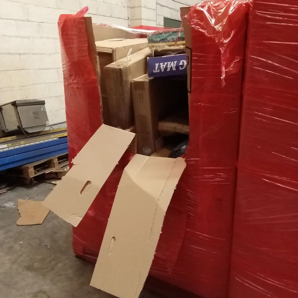 PALLET OF ASSORTED HOUSEHOLD GOODS AND PRODUCTS TO INCLUDE; BABY PRODUCTS, BATHROOM MIRROR, BOXED FURNITURE ETC