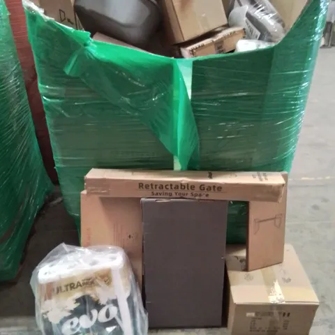 PALLET CONTAINING VARIOUS ASSORTED BOXED HOUSEHOLD ITEMS TO INCLUDE: TOILET TISSUE,  RETRACTABLE SAFETY GATE,  6 BOTTLE WINE RACK  AND LOTS MORE UNMARKED BOXED ITEMS 