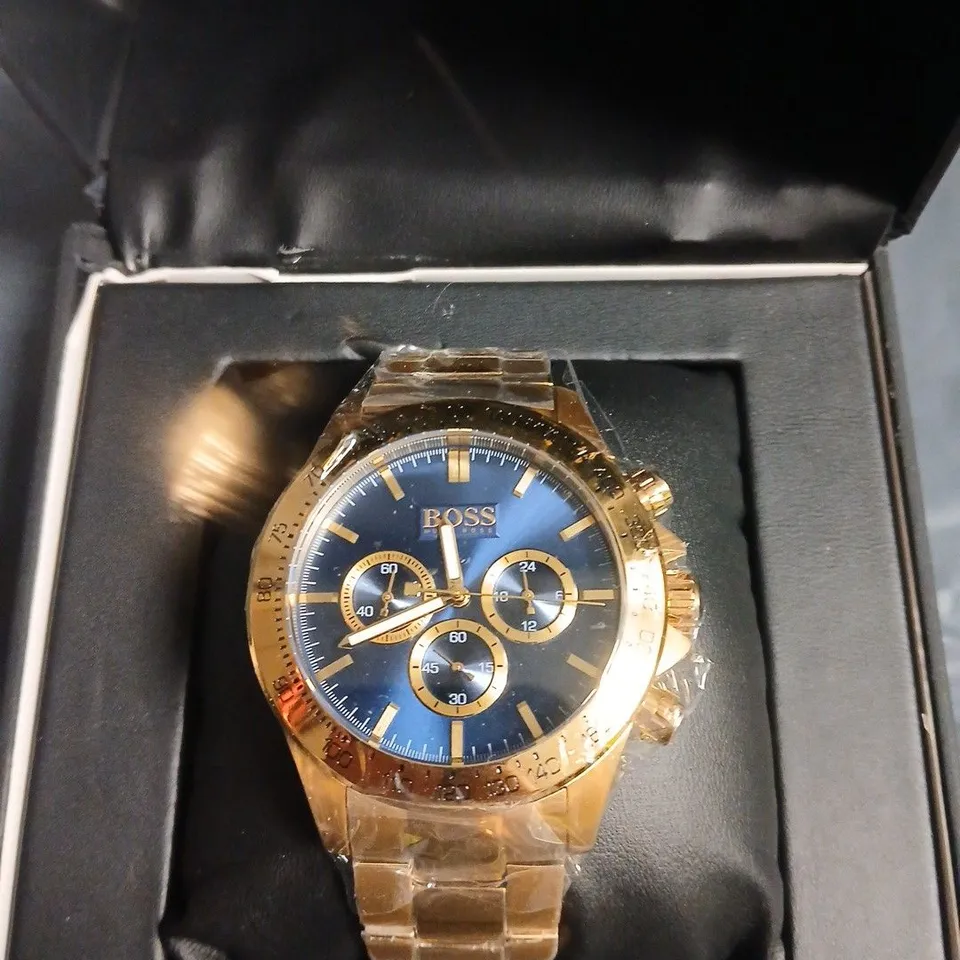 HUGO BOSS GOLD-TONE CHRONOGRAPH WATCH WITH BLUE DIAL – BOXED
