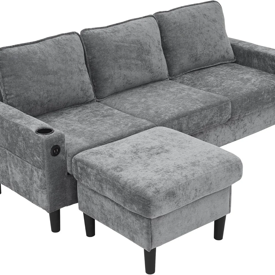 BOXED AZKOEESY 3 SEATER CORNER SOFA WITH OTTOMAN WITH CUP HOLDER AND USB/TYPE-C PORT - GREY (2 BOXES)