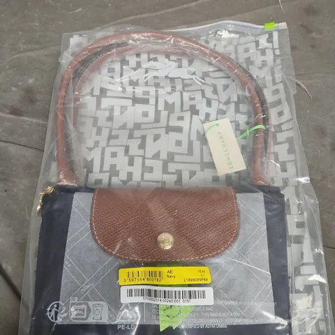 LONGCHAMP HANDBAG WITH BROWN LEATHER FLAP AND GREY PATTERNED BODY