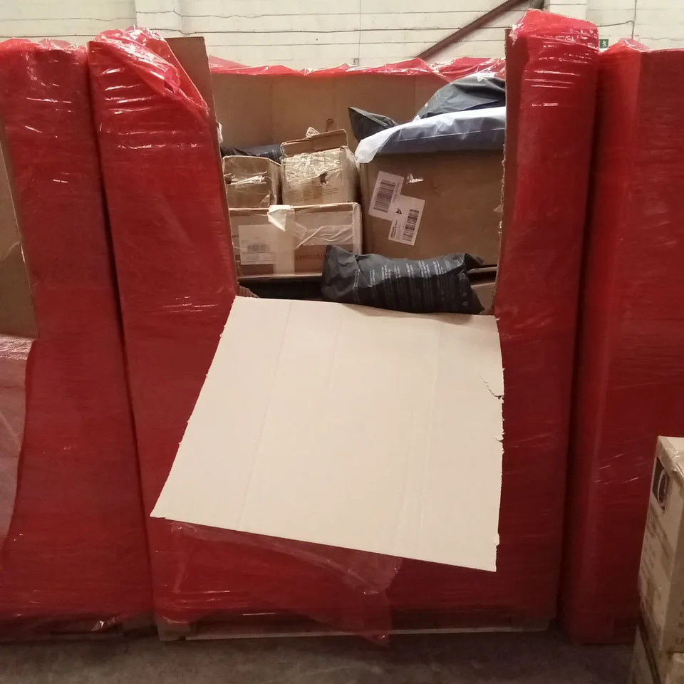 PALLET OF ASSORTED HOUSEHOLD GOODS AND PRODUCTS TO INCLUDE; SMOKELESS GRILL, STAND MIXER, BOXED FURNITURE ETC