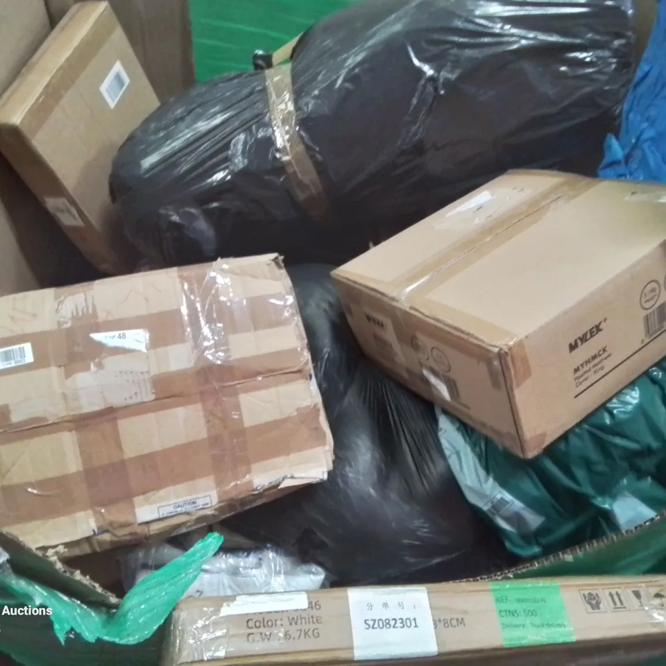 PALLET CONTAINING VARIOUS BOXED HOUSEHOLD ITEMS TO INCLUDE: LED VANITY MIRROR,  KNITTING MACHINE,  HEATED BLANKET,  HEATED MATTRESS COVER AND LOTS MORE UNMARKED BOXED ITEMS.