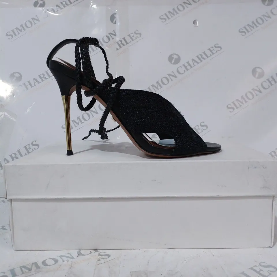 BOXED PAIR OF REISS MINERVA STRAPPY HEELS IN BLACK SIZE 5