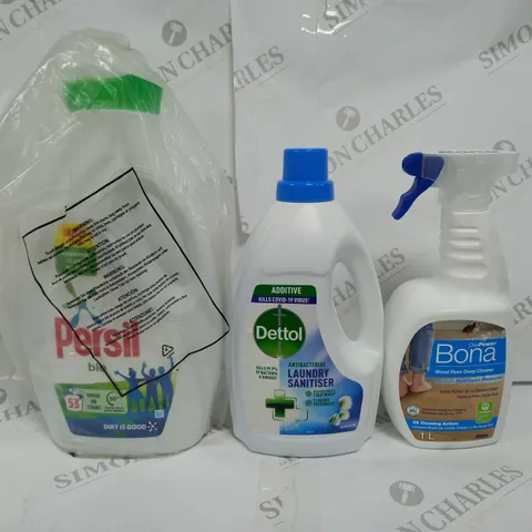 BOX OF APPROX 6 ASSORTED LIQUIDS TO INCLUDE - BONA WOOD FLOOR DEEP CLEAN - DETTOL LAUNDRY SANITISER - PERSIL BIO