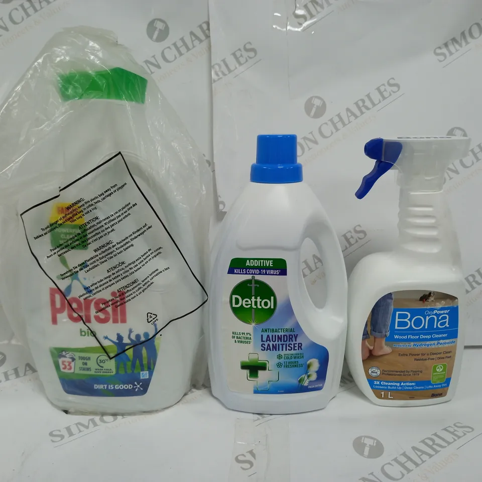 BOX OF APPROX 6 ASSORTED LIQUIDS TO INCLUDE - BONA WOOD FLOOR DEEP CLEAN - DETTOL LAUNDRY SANITISER - PERSIL BIO 