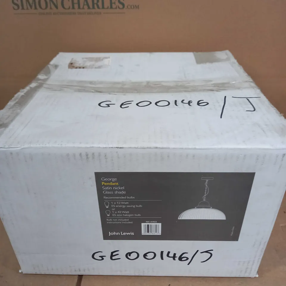 JOHN LEWIS GEORGE PENDANT CEILING LIGHT - SATIN NICKEL/GLASS SHADE 
