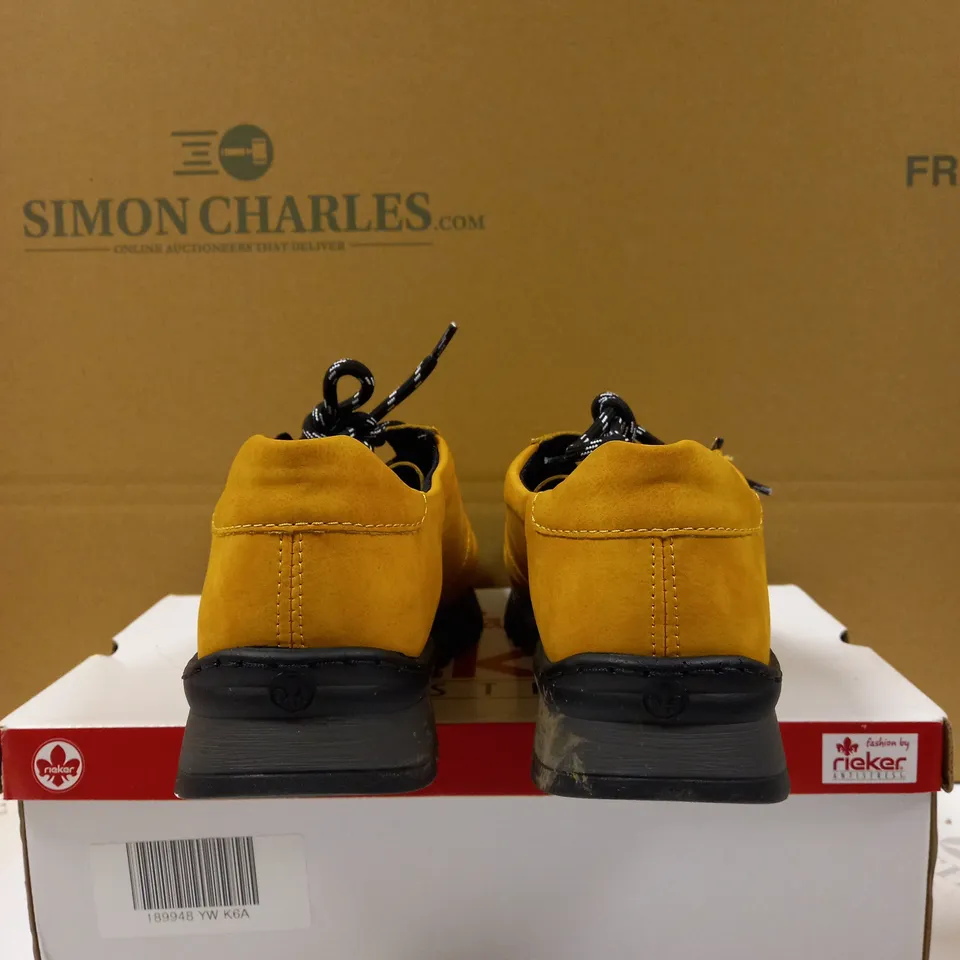 BOXED PAIR OF RIEKER YELLOW SUEDETTE ZIP TRAINERS, EU SIZE 40
