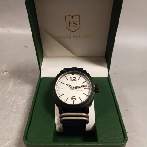 MENS FRANK SCHMIDT WATCH – LARGE BLACK CASE – WHITE PILOT DIAL – BLUE FABRIC STRAP – 3ATM WATER RESISTANT
