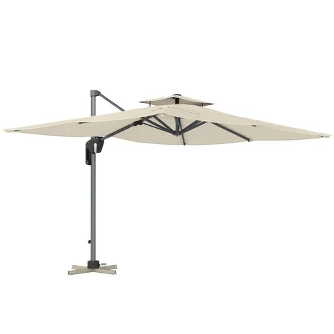 BOXED OUTSUNNY 3.7 X 2.7 M CANTILEVER PARASOL W/360° ROTATION AND EASY TILT ADJUSTMENT, ALUMINIUM HANGING OFFSET OUTDOOR UMBRELLA W/DOUBLE TOP, CROSS BASE, UPF50+ HANGING SUN SHADE, GREY WOOD EFFECT P