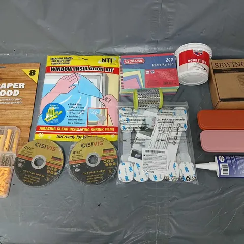 APPROXIMATELY 10 ASSORTED HOUSEHOLD ITEMS TO INCLUDE - WALL PLUG AND SCREWS SET, SANDPAPER FOR WOOD, AND FLASH CARDS ETC.