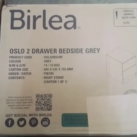 BOXED OSLO 2 DRAWER BEDSIDE TABLE -GREY-