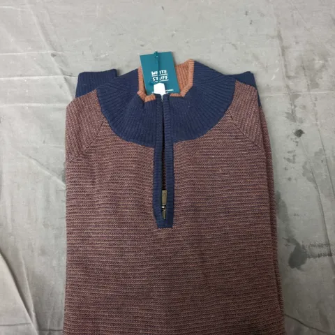 WHITE STUFF KNIT TOP – NAVY COLLAR, BROWN BODY, SIZE L