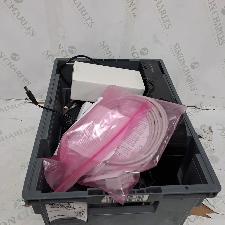 TOTE OF ELECTRICAL ITEMS TOO INCLUDE CHARGERS , SIGNAL SPLITTER , TRUNK CABLE , ETC 