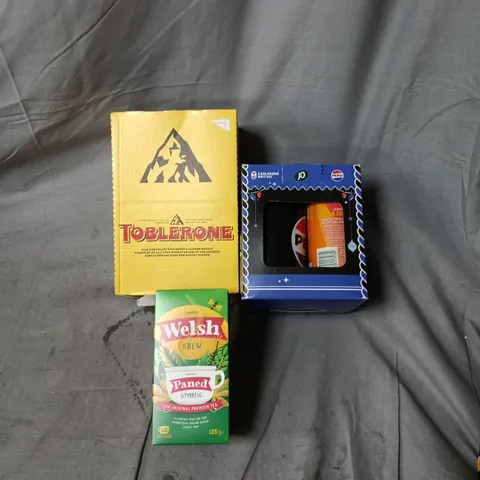 APPROXIMATELY 5 ASSORTED ITEMS OF FOOD AND DRINK INCLUDING TOBLERONE MULTIPACK, CARLSBERG BRITVIC MULTIPACK (PEPSI, J20) AND WELSH BREW PREMIUM TEA