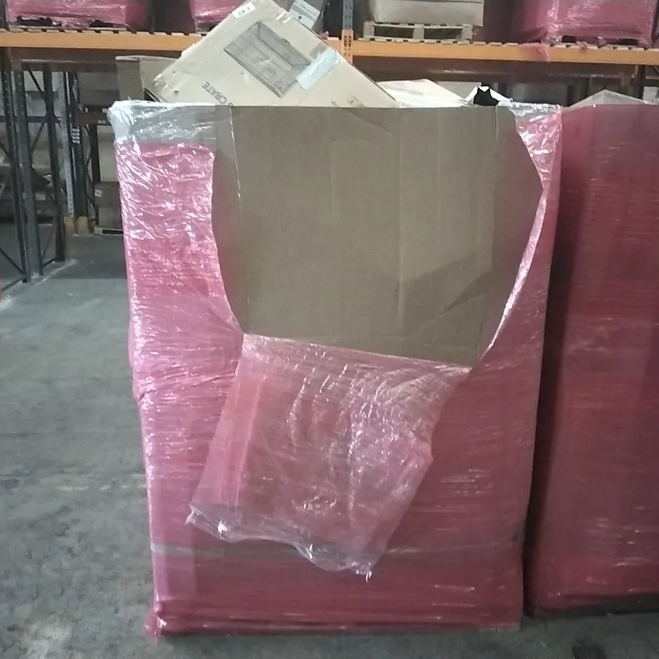 PALLET OF HOUSEHOLD ITEMS TO INCLUDE KNITTING MACHINE,  BLINDS, DOG CRATES AND DIAMOND FLYING PAN SET ECT
