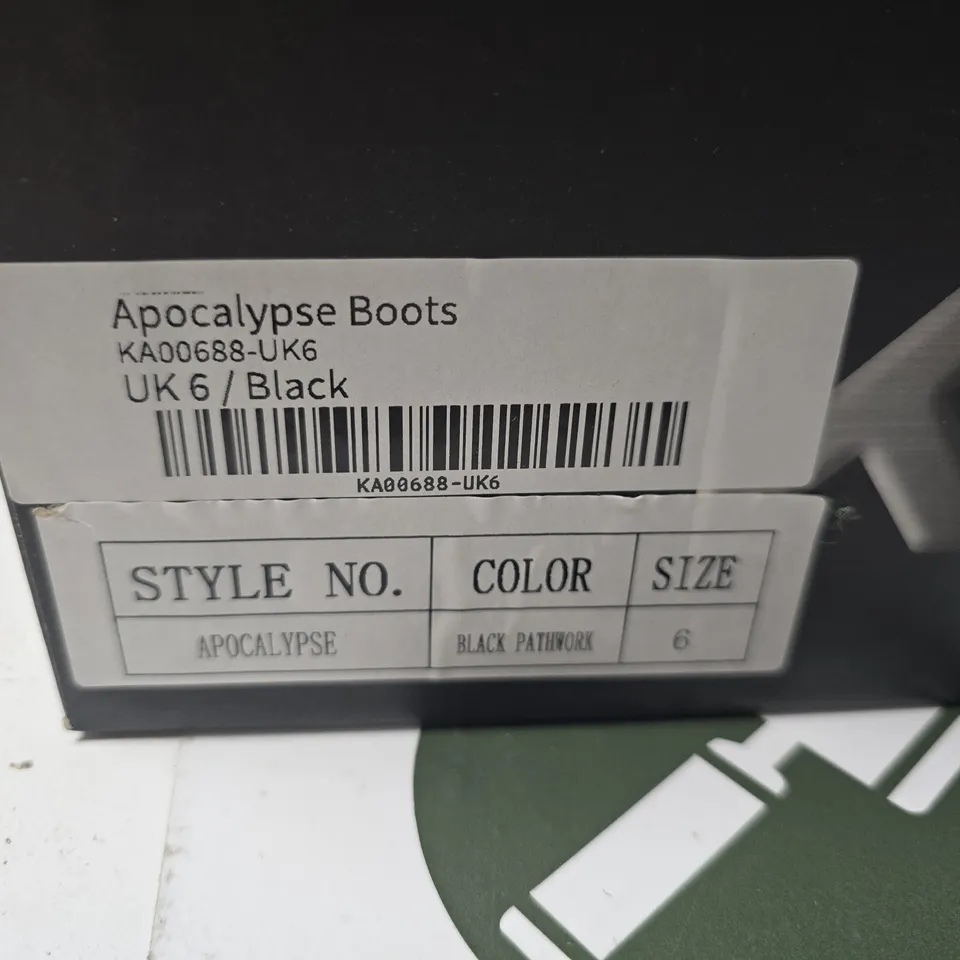 BOXED KOI APOCALYPSE BOOTS – UK 6 – BLACK PATCHWORK LEATHER