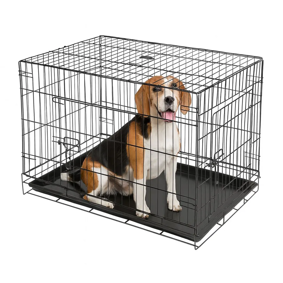 BOXED 2 DOOR METAL DOG CRATE WITH REMOVABLE TRAY - MEDIUM