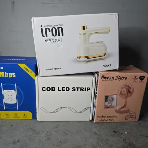APPROXIMATELY 5 ASSORTED ITEMS TO INCLUDE - PORTABLE IRON , SWAN RETRO FAN , COB LED STRIP ETC