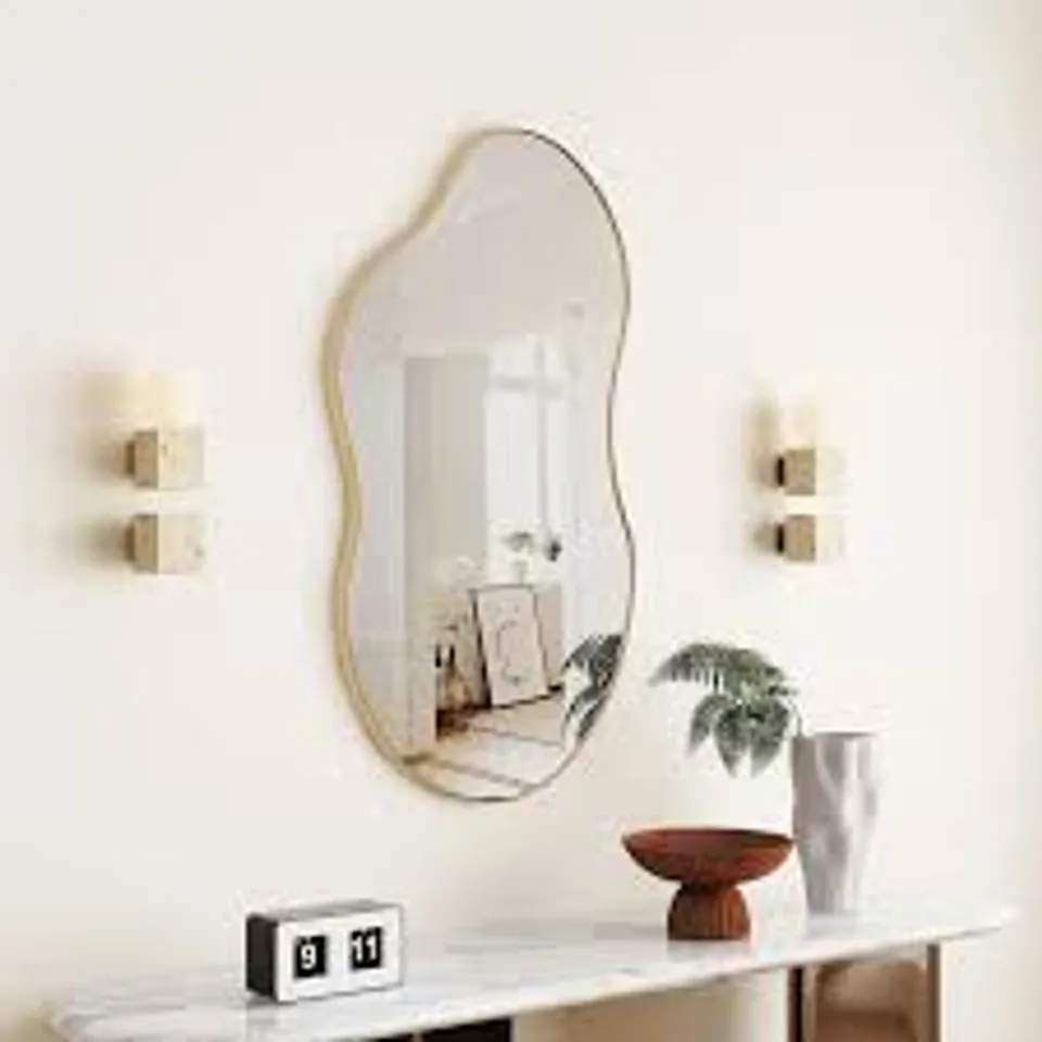 BOXED IRREGULAR WALL MIRROR DECORATIVE, 20"X36" ANTIQUE-GOLD ASYMMETRICAL MIRROR FOR WALL DECOR WAVY ACCENT MIRRORS