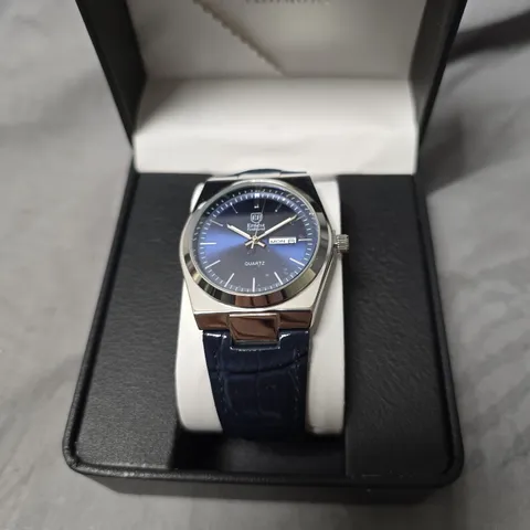MENS ERNEST FERDINAND WATCH – DAY DATE CALENDAR DIAL – BLUE LEATHER STRAP – 3ATM WATER RESISTANT - GIFT BOX