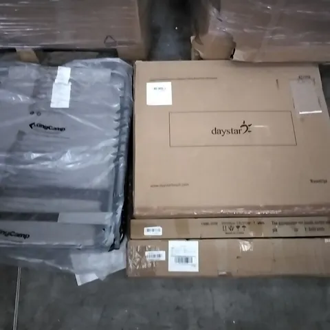 PALLET OF ASSORTED ITEMS INCLUDING CAMPLUX CAMPING COOKER, DAYSTAR RECLINING LIGHTWEIGHT FOLDING BEACH CHAIR, KING CAMP FOLDING CHAIR, G-BLOCS PARASOL BASE, MOVTOTOP, SPRING LOADED TENSION ROD