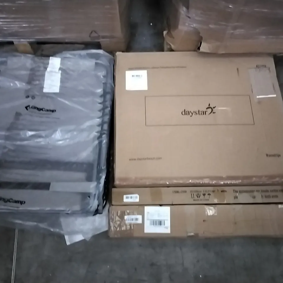 PALLET OF ASSORTED ITEMS INCLUDING CAMPLUX CAMPING COOKER, DAYSTAR RECLINING LIGHTWEIGHT FOLDING BEACH CHAIR, KING CAMP FOLDING CHAIR, G-BLOCS PARASOL BASE, MOVTOTOP, SPRING LOADED TENSION ROD