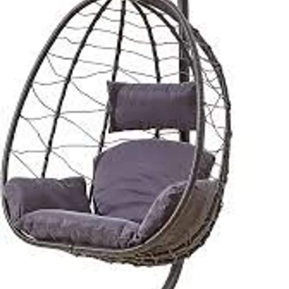 BOXED NEO RATTAN EGG CHAIR SWING GARDEN HANGING SEAT HAMMOCK WITH CUSHIONS STAND FOR OUTDOOR PATIO/INDOOR (DARK GREY)