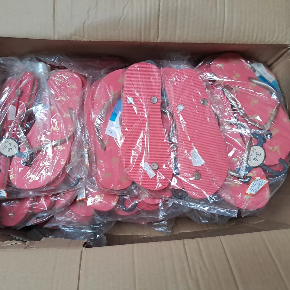 BOXED LOT OF APPROX 40 PAIRS OF LADIES PINK SANDALS. VARIOUS SIZES