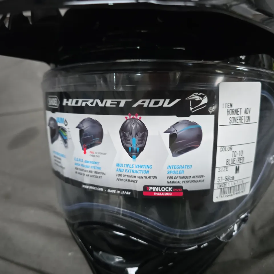 SHOEI HORNET ADV MOTORCYCLE HELMET – BLACK, BLUE/RED, SIZE M